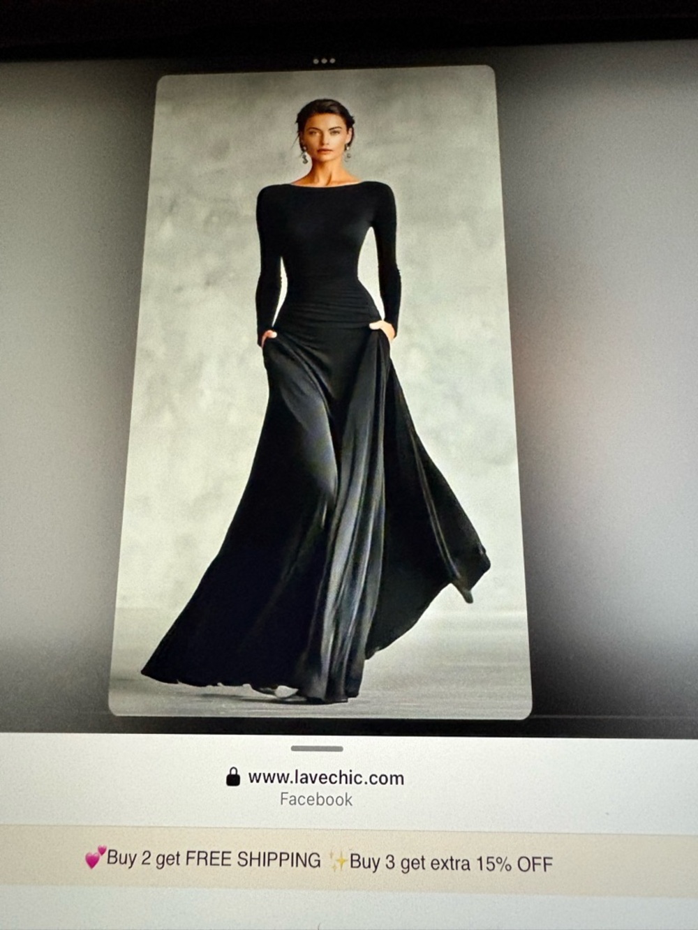 Lavechic Elegant Black Long-Sleeve Evening Gown